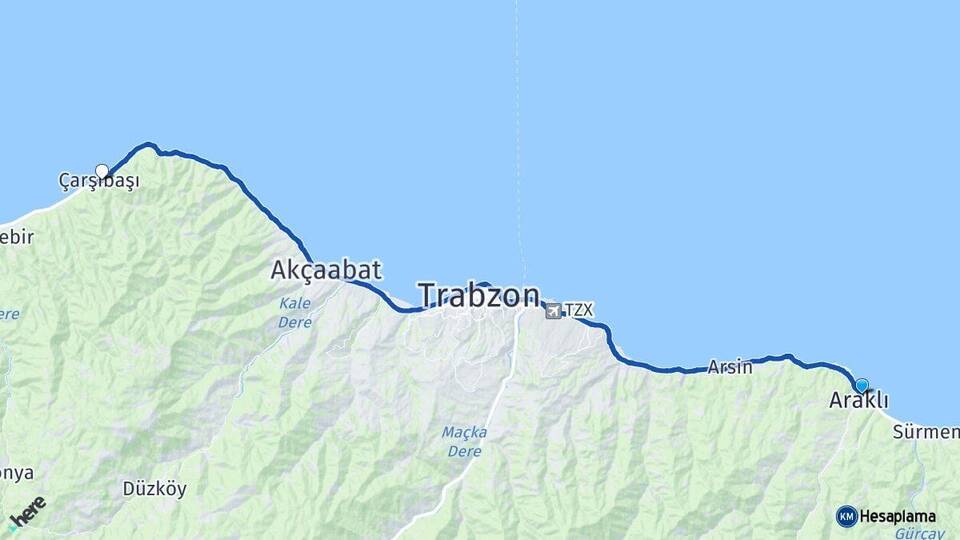 Trabzon Araklı Çarşıbaşı Arası Kaç Km - Yol Haritası
