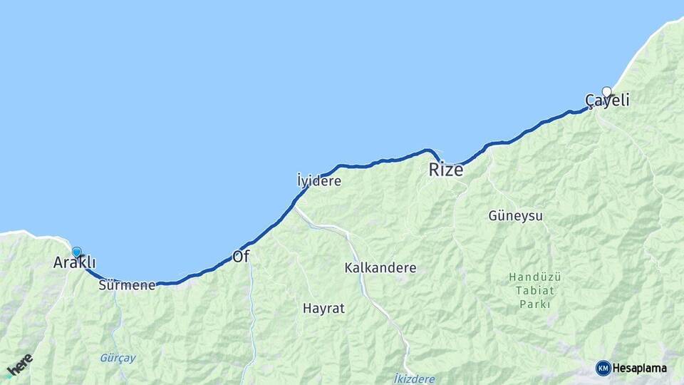 Trabzon Araklı Çayeli Rize Arası Kaç Km - Yol Haritası
