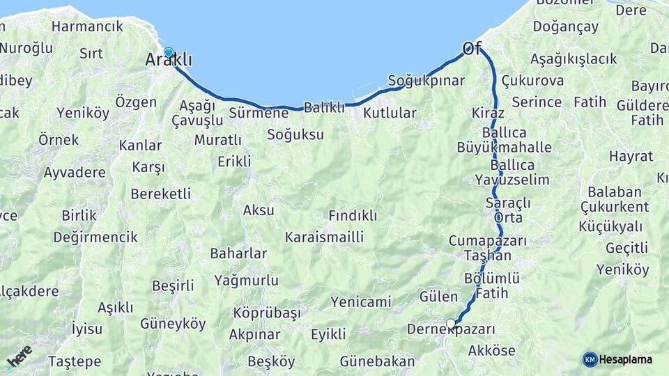 Trabzon Araklı Dernekpazarı Arası Kaç Km - Yol Haritası