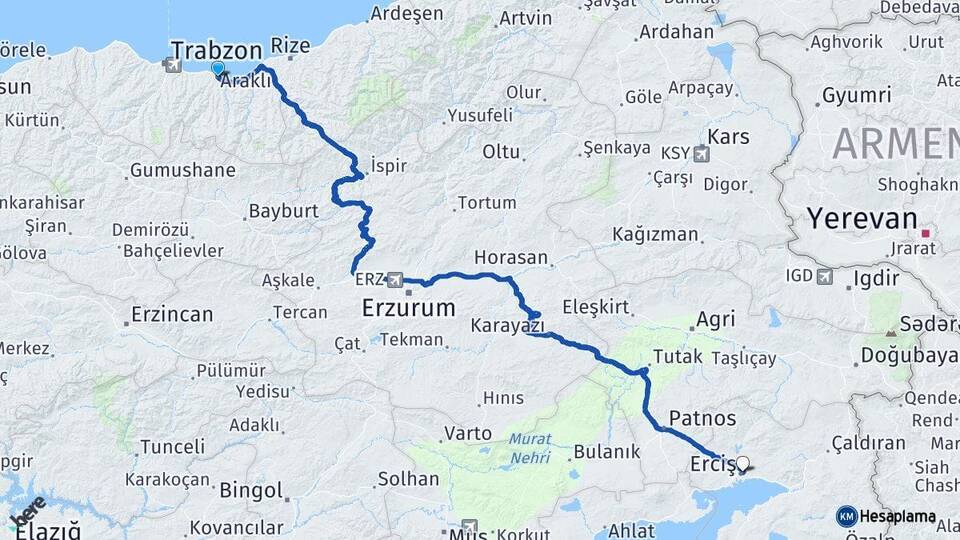Trabzon Araklı Erciş Van Arası Kaç Km - Yol Haritası