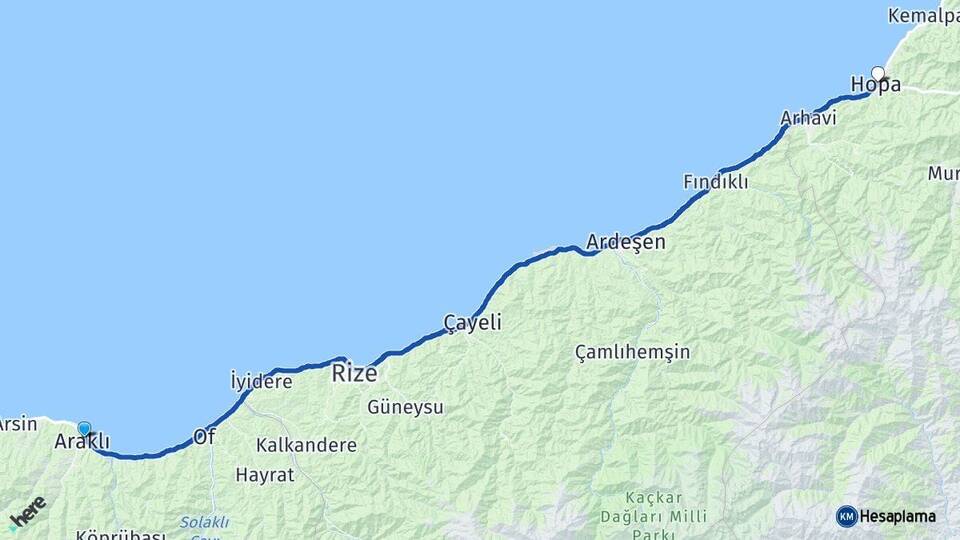Trabzon Araklı Hopa Artvin Arası Kaç Km - Yol Haritası
