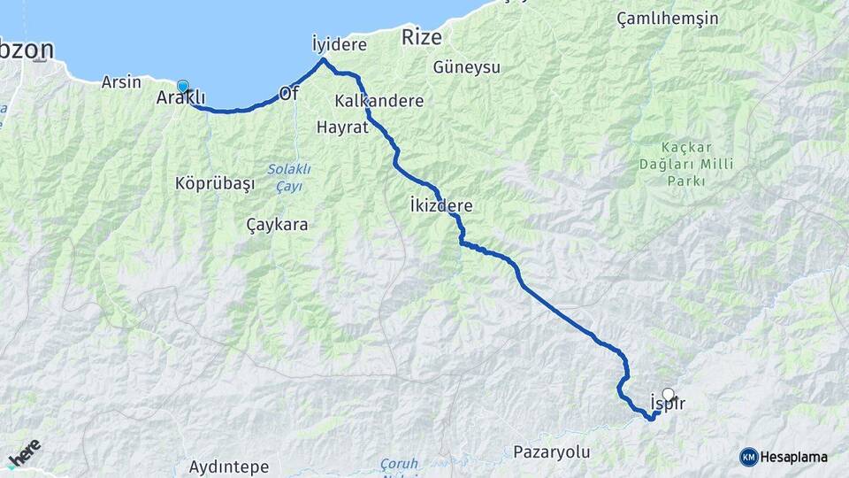 Trabzon Araklı İspir Erzurum Arası Kaç Km - Yol Haritası