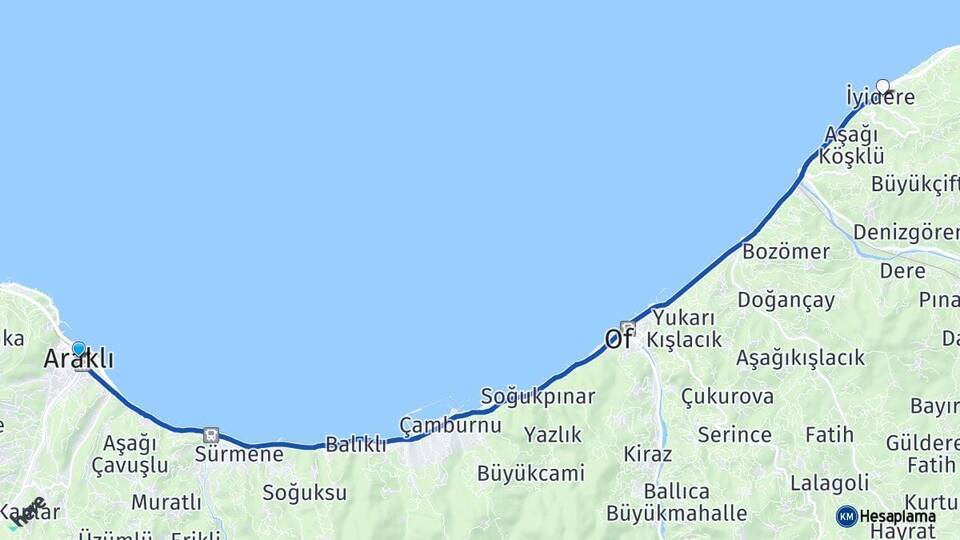 Trabzon Araklı İyidere Rize Arası Kaç Km - Yol Haritası