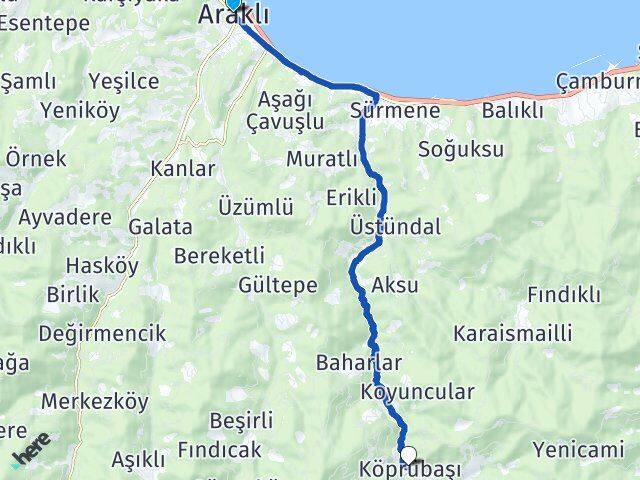 Trabzon Araklı Köprübaşı Arası Kaç Km - Yol Haritası