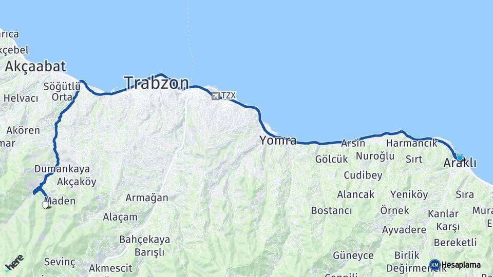 Trabzon Araklı Ortahisar Arası Kaç Km - Yol Haritası