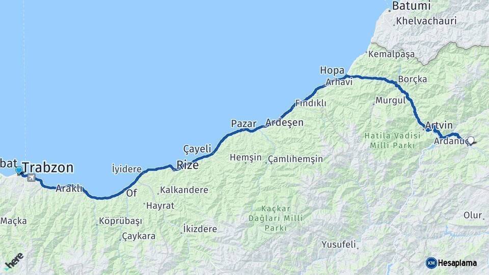 Trabzon Ardanuç Artvin Arası Kaç Km - Yol Haritası