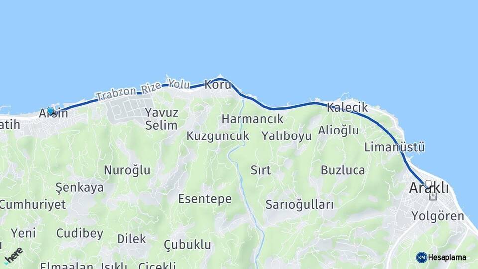 Trabzon Arsin Araklı Arası Kaç Km - Yol Haritası