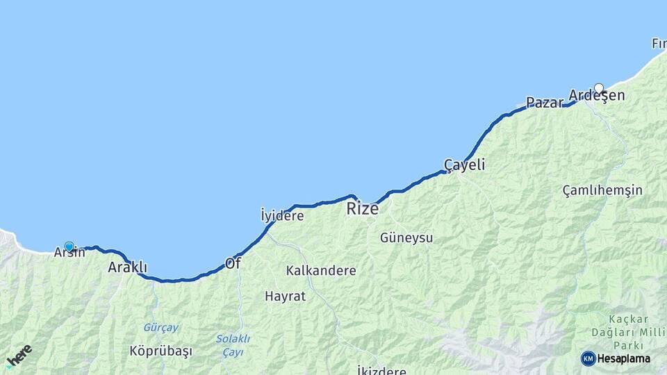 Trabzon Arsin Ardeşen Rize Arası Kaç Km - Yol Haritası