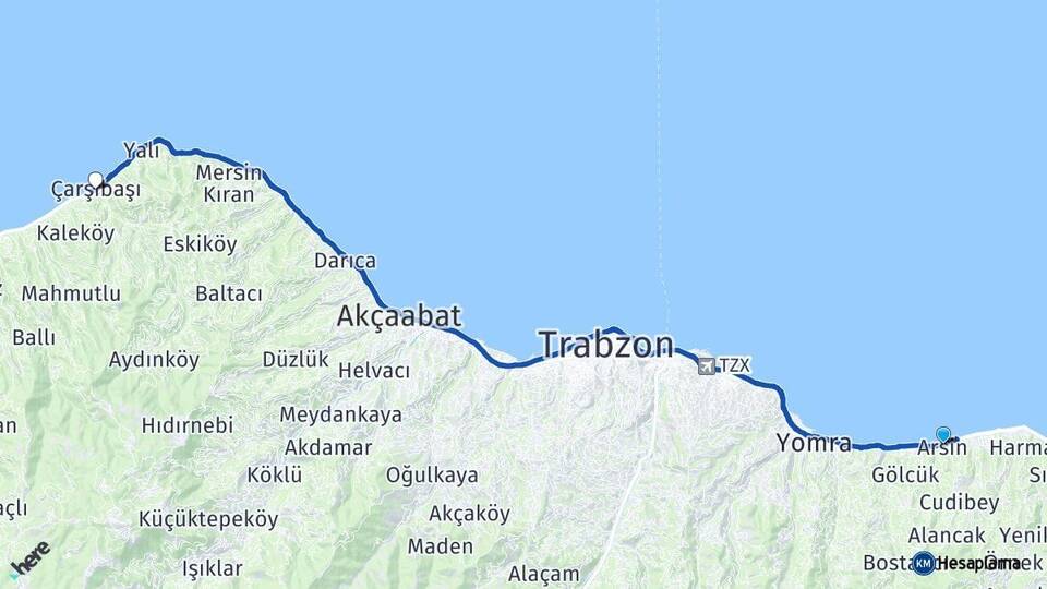 Trabzon Arsin Çarşıbaşı Arası Kaç Km - Yol Haritası