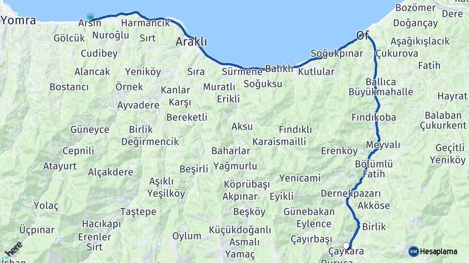 Trabzon Arsin Çaykara Arası Kaç Km - Yol Haritası