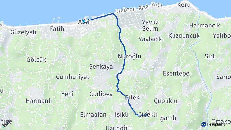 Trabzon Arsin Çiçekli Arsin Arası Kaç Km - Yol Haritası