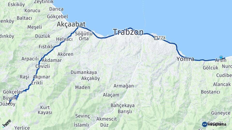Trabzon Arsin Düzköy Arası Kaç Km - Yol Haritası