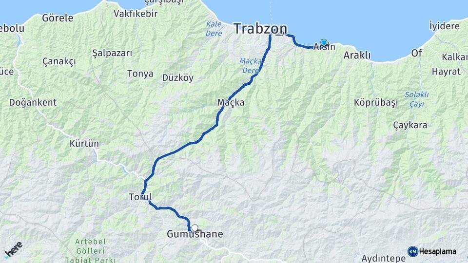 Trabzon Arsin Gümüşhane Arası Kaç Km - Yol Haritası