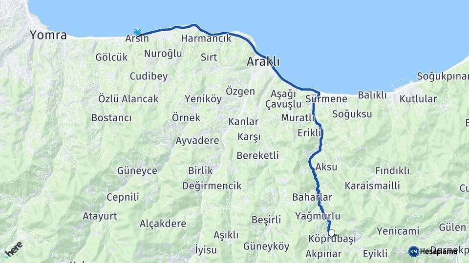 Trabzon Arsin Köprübaşı Arası Kaç Km - Yol Haritası