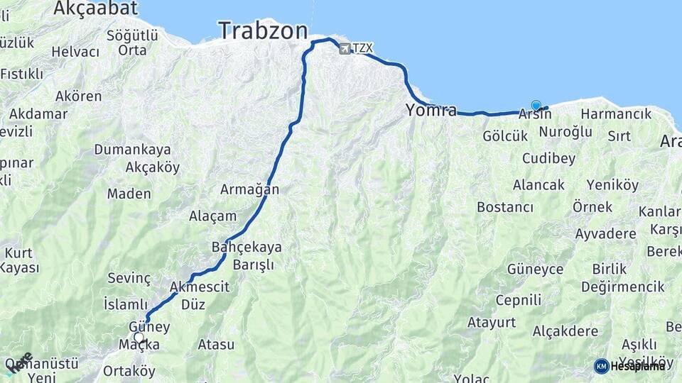 Trabzon Arsin Maçka Arası Kaç Km - Yol Haritası