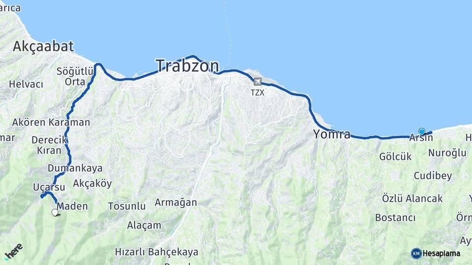 Trabzon Arsin Ortahisar Arası Kaç Km - Yol Haritası