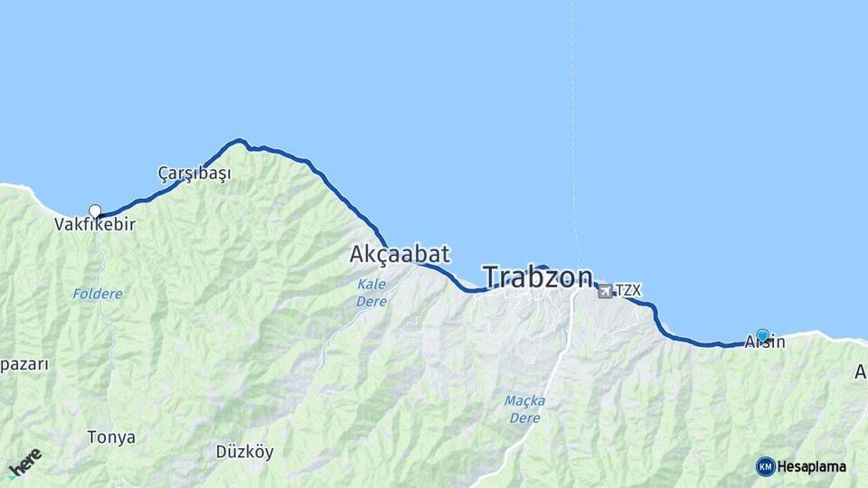 Trabzon Arsin Vakfıkebir Arası Kaç Km - Yol Haritası