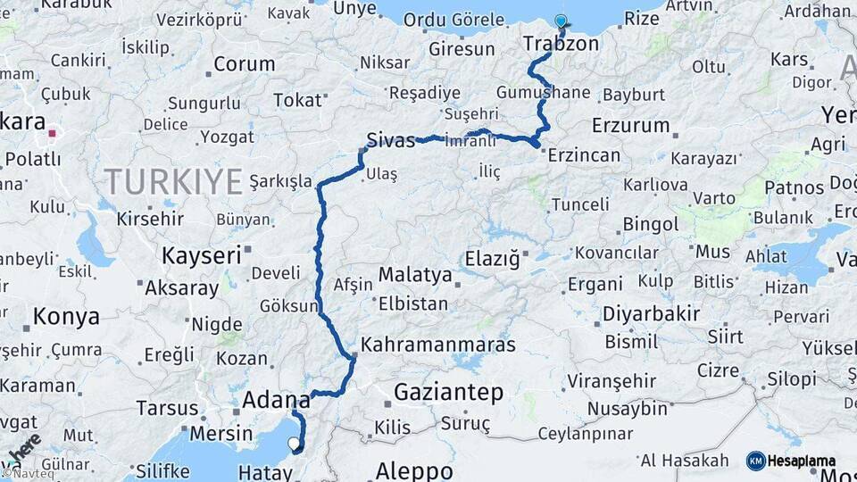 Trabzon Arsuz Hatay Arası Kaç Km - Yol Haritası