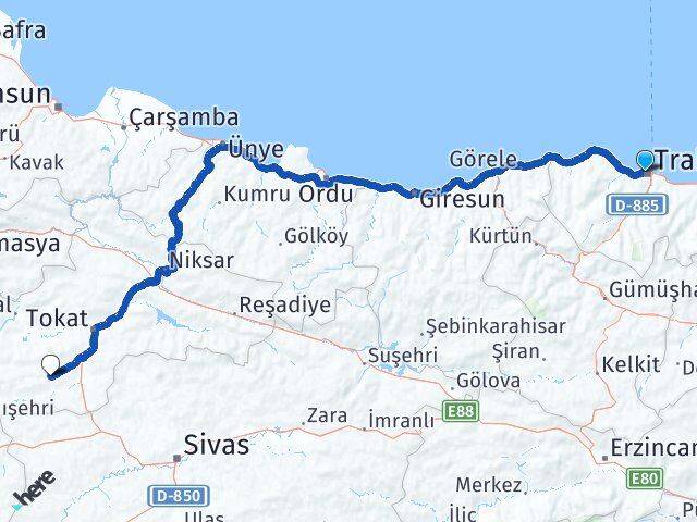 Trabzon Artova Tokat Arası Kaç Km - Yol Haritası