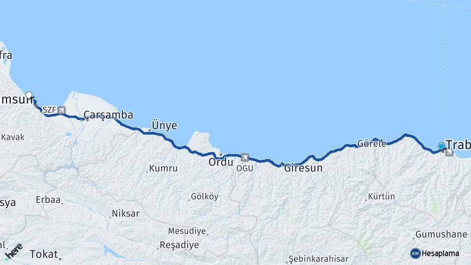 Trabzon Atakum Samsun Arası Kaç Km - Yol Haritası