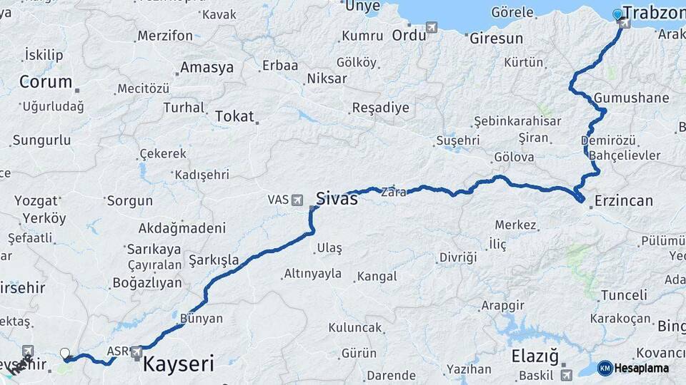 Trabzon Avanos Nevşehir Arası Kaç Km - Yol Haritası