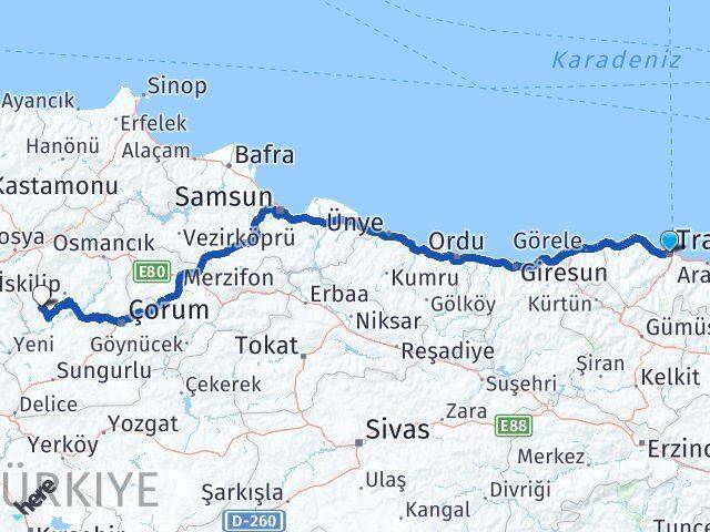 Trabzon Bayat Çorum Arası Kaç Km - Yol Haritası