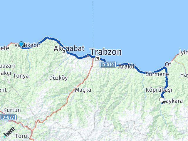 Trabzon Beşikdüzü Çaykara Arası Kaç Km - Yol Haritası