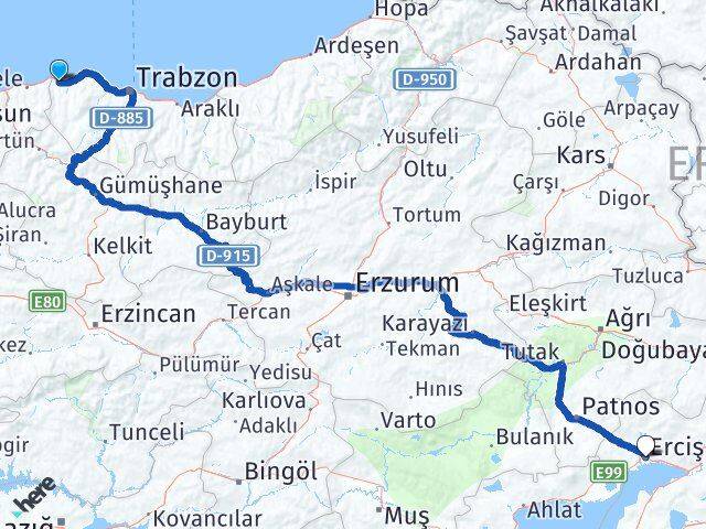 Trabzon Beşikdüzü Erciş Van Arası Kaç Km - Yol Haritası