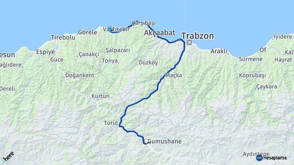 Trabzon Beşikdüzü Gümüşhane Arası Kaç Km - Yol Haritası