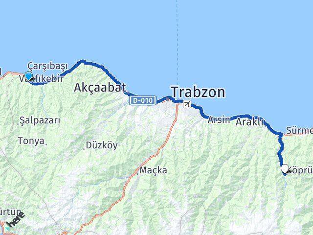 Trabzon Beşikdüzü Köprübaşı Arası Kaç Km - Yol Haritası