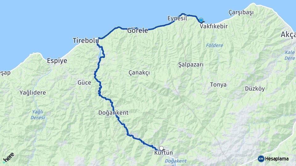 Trabzon Beşikdüzü Kürtün Gümüşhane Arası Kaç Km - Yol Haritası