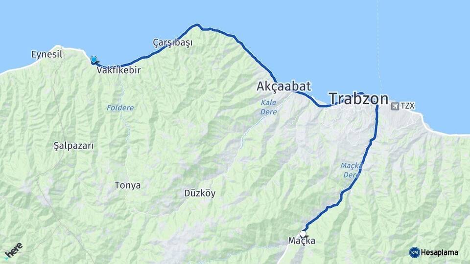 Trabzon Beşikdüzü Maçka Arası Kaç Km - Yol Haritası