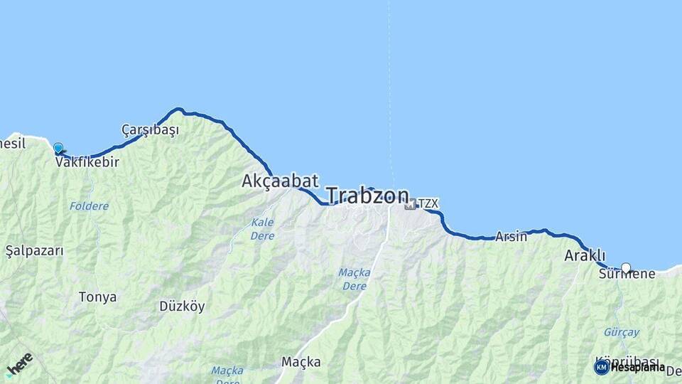 Trabzon Beşikdüzü Sürmene Arası Kaç Km - Yol Haritası