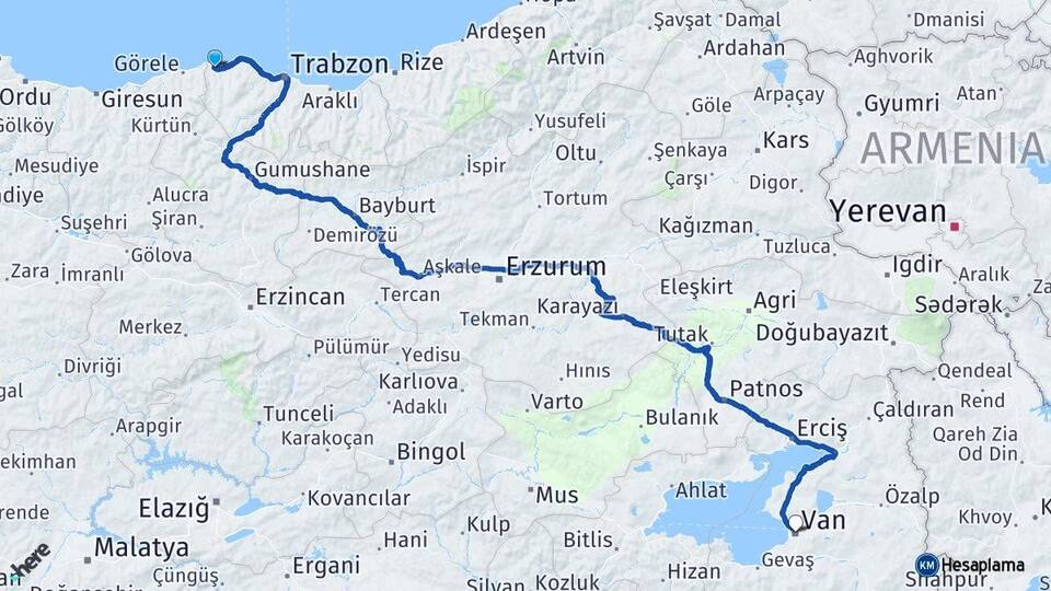 Trabzon Beşikdüzü Van Arası Kaç Km - Yol Haritası