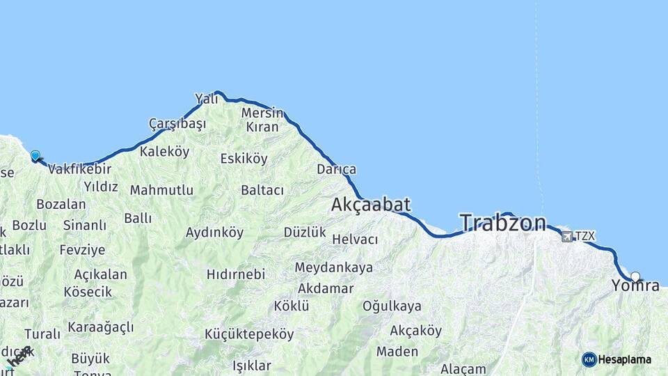 Trabzon Beşikdüzü Yomra Arası Kaç Km - Yol Haritası