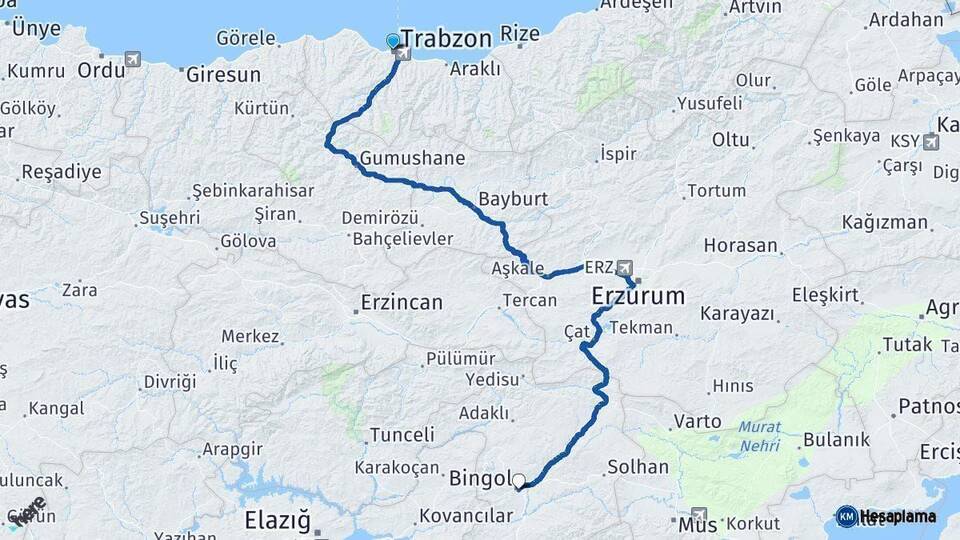 Trabzon Bingöl Arası Kaç Km - Yol Haritası