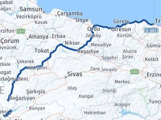 Trabzon Boğazlıyan Yozgat Arası Kaç Km - Yol Haritası