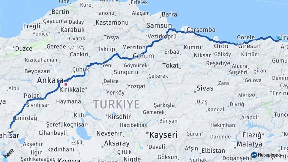 Trabzon Bolvadin Afyon Arası Kaç Saat? Yol Haritası, Yakıt, Rota ve Mesafe Hesaplama Trabzon Bolvadin Afyon Arası Kaç Km? Kaç Saat? Yol Haritası