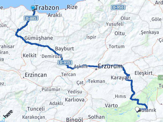 Trabzon Bulanık Muş Arası Kaç Km - Yol Haritası