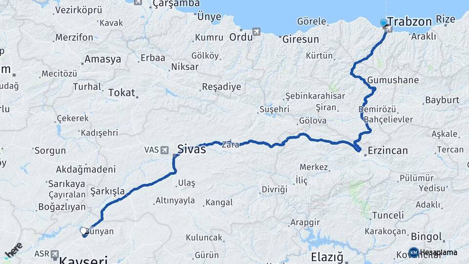 Trabzon Bünyan Kayseri Arası Kaç Km - Yol Haritası