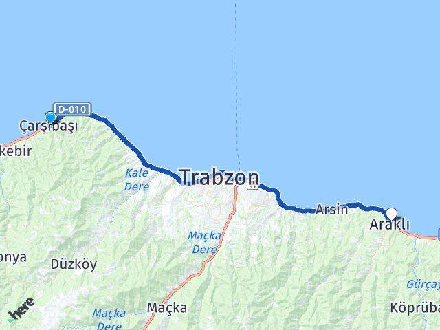 Trabzon Çarşıbaşı Araklı Arası Kaç Km - Yol Haritası