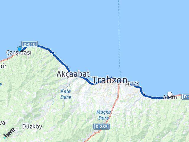 Trabzon Çarşıbaşı Arsin Arası Kaç Km - Yol Haritası