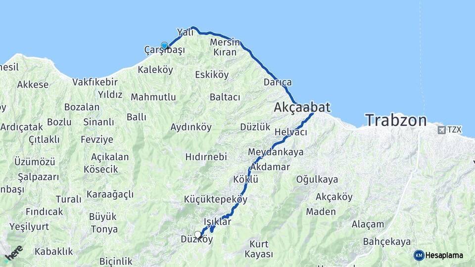 Trabzon Çarşıbaşı Düzköy Arası Kaç Km - Yol Haritası