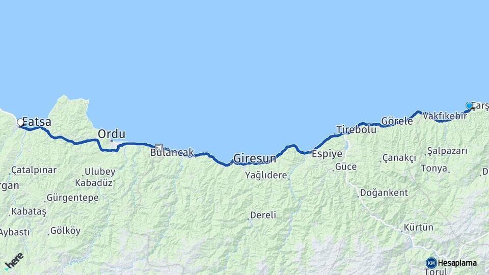 Trabzon Çarşıbaşı Fatsa Ordu Arası Kaç Km - Yol Haritası