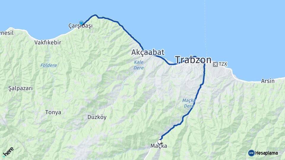 Trabzon Çarşıbaşı Maçka Arası Kaç Km - Yol Haritası