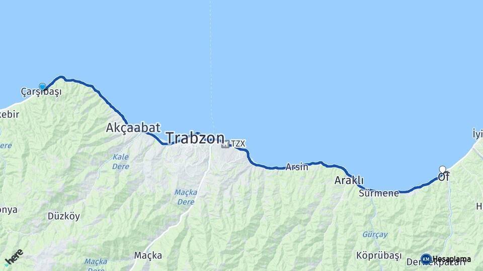 Trabzon Çarşıbaşı Of Arası Kaç Km - Yol Haritası