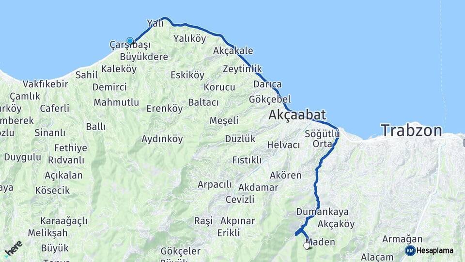 Trabzon Çarşıbaşı Ortahisar Arası Kaç Km - Yol Haritası