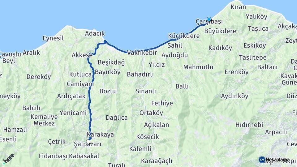 Trabzon Çarşıbaşı Şalpazarı Arası Kaç Km - Yol Haritası