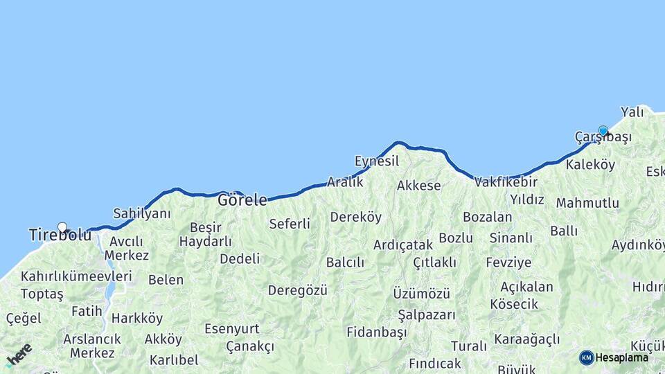 Trabzon Çarşıbaşı Tirebolu Giresun Arası Kaç Km - Yol Haritası