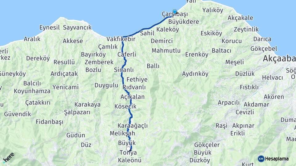 Trabzon Çarşıbaşı Tonya Arası Kaç Km - Yol Haritası